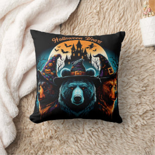 Halloween bears wearing spooky hats at night cushion