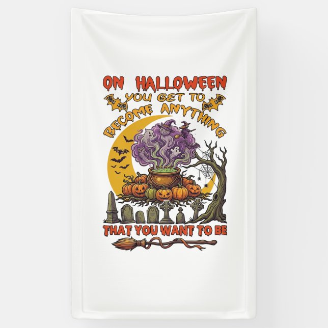 Halloween Become Anything Cauldron Cat Ghost Pumpk Banner (Vertical)