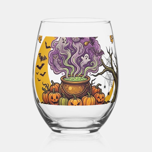 Halloween Become Anything Cauldron Cat Ghost Pumpk Stemless Wine Glass (Front)