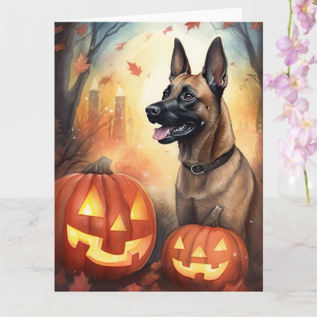 Halloween Belgian Malinoi With Pumpkins Scary Card (Orchid)