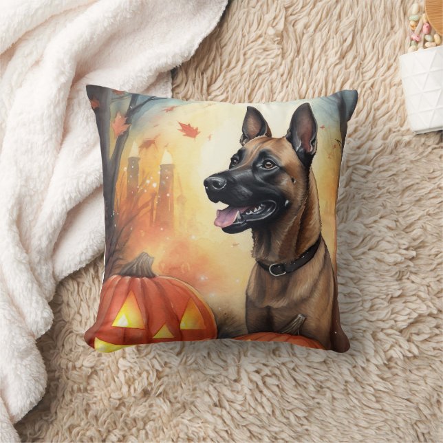 Halloween Belgian Malinoi With Pumpkins Scary Cushion (Blanket)