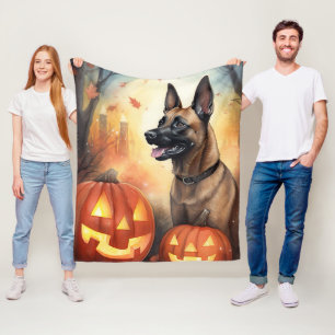 Halloween Belgian Malinoi With Pumpkins Scary Fleece Blanket