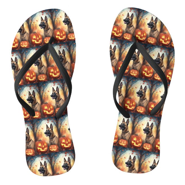 Halloween Belgian Malinoi With Pumpkins Scary Flip Flops (Footbed)