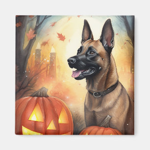 Halloween Belgian Malinoi With Pumpkins Scary Magnet