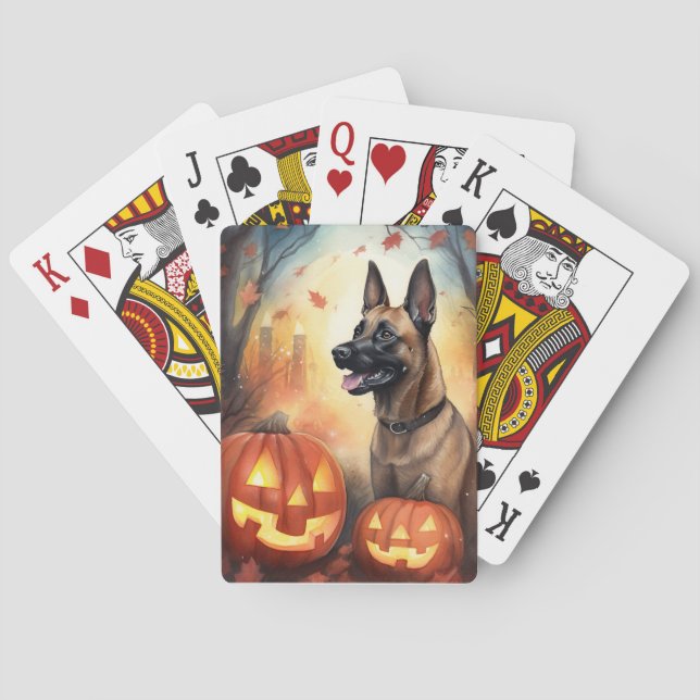 Halloween Belgian Malinoi With Pumpkins Scary Playing Cards (Back)