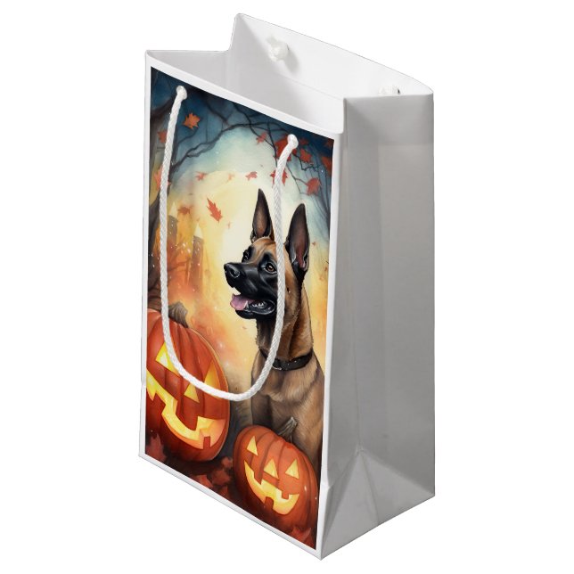 Halloween Belgian Malinoi With Pumpkins Scary Small Gift Bag (Front Angled)