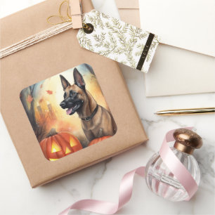 Halloween Belgian Malinoi With Pumpkins Scary Square Sticker