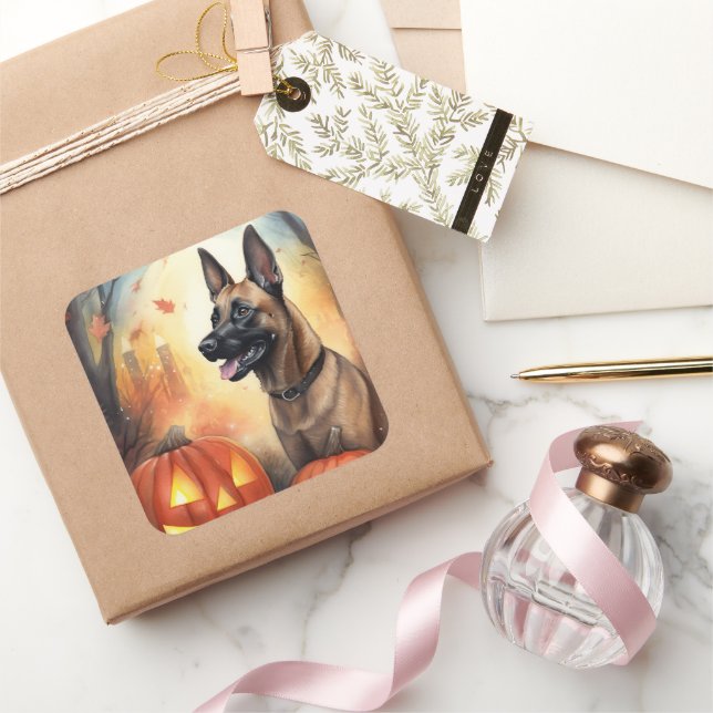 Halloween Belgian Malinoi With Pumpkins Scary Square Sticker (Gifting)