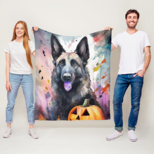 Halloween Belgian Shepherd With Pumpkins Scary Fleece Blanket