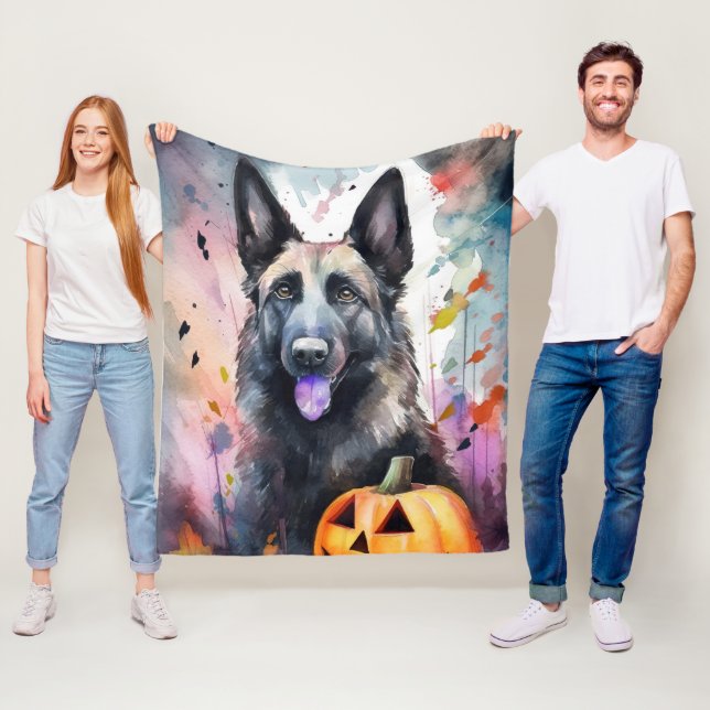 Halloween Belgian Shepherd  With Pumpkins Scary Fleece Blanket (In Situ)