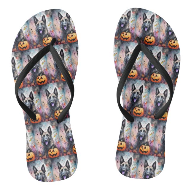 Halloween Belgian Shepherd  With Pumpkins Scary  Flip Flops (Footbed)
