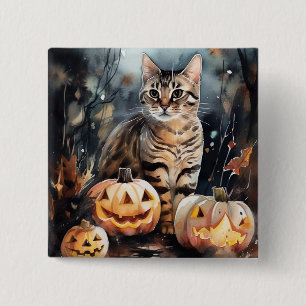 Halloween Bengal Cat With Pumpkins Scary 15 Cm Square Badge