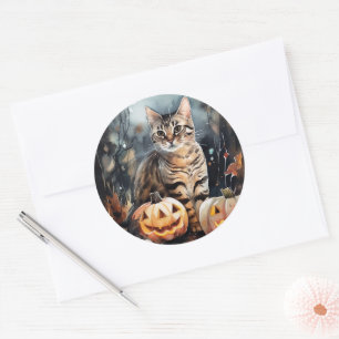 Halloween Bengal Cat With Pumpkins Scary Classic Round Sticker
