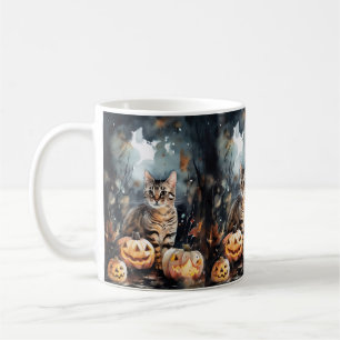 Halloween Bengal Cat With Pumpkins Scary Coffee Mug