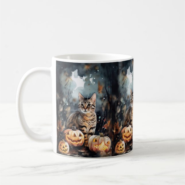 Halloween Bengal Cat With Pumpkins Scary Coffee Mug (Left)