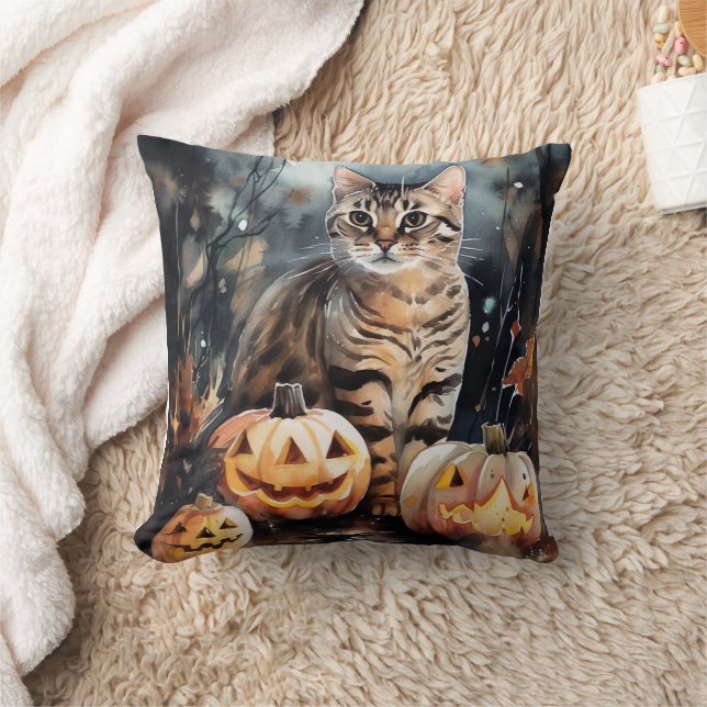 Halloween Bengal Cat With Pumpkins Scary Cushion (Blanket)