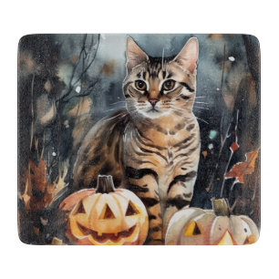 Halloween Bengal Cat With Pumpkins Scary Cutting Board