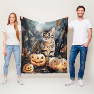 Halloween Bengal Cat With Pumpkins Scary Fleece Blanket