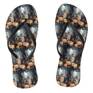 Halloween Bengal Cat With Pumpkins Scary Flip Flops