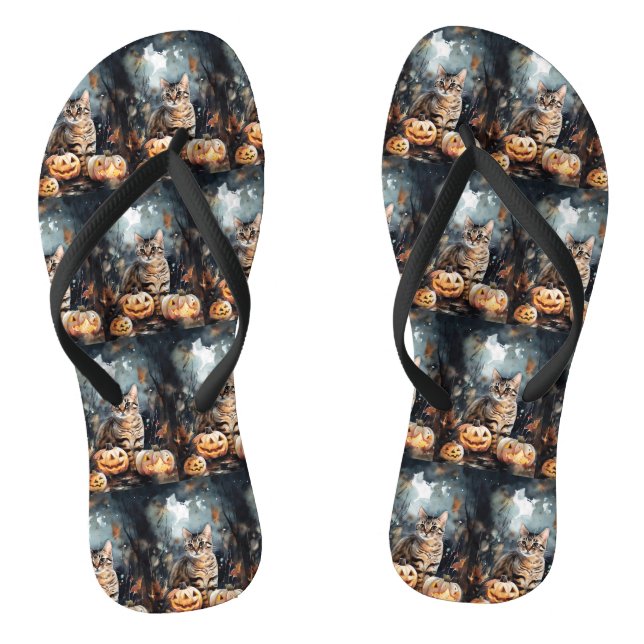 Halloween Bengal Cat With Pumpkins Scary Flip Flops (Footbed)