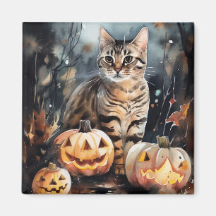 Halloween Bengal Cat With Pumpkins Scary Magnet