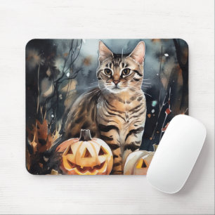 Halloween Bengal Cat With Pumpkins Scary Mouse Mat