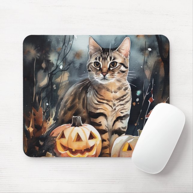 Halloween Bengal Cat With Pumpkins Scary Mouse Mat (With Mouse)