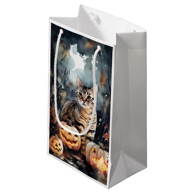 Halloween Bengal Cat With Pumpkins Scary Small Gift Bag (Front Angled)