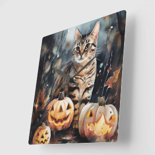 Halloween Bengal Cat With Pumpkins Scary Square Wall Clock