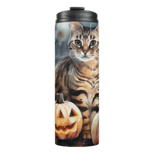 Halloween Bengal Cat With Pumpkins Scary Thermal Tumbler