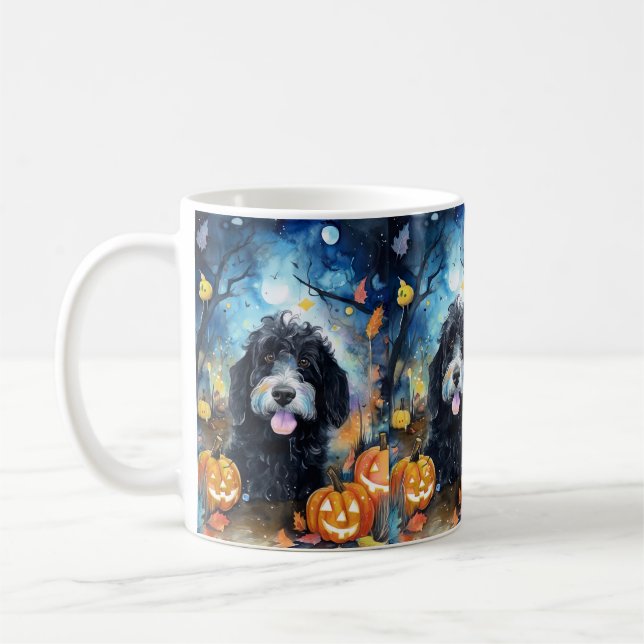 Halloween Bernedoodle With Pumpkins Scary Coffee Mug (Left)