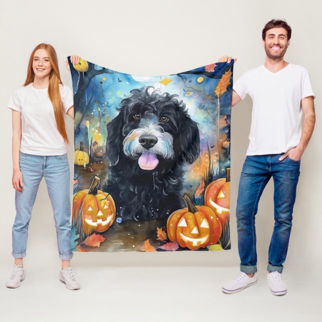 Halloween Bernedoodle With Pumpkins Scary Fleece Blanket (In Situ)