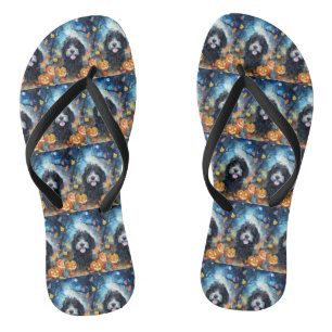 Halloween Bernedoodle With Pumpkins Scary Flip Flops