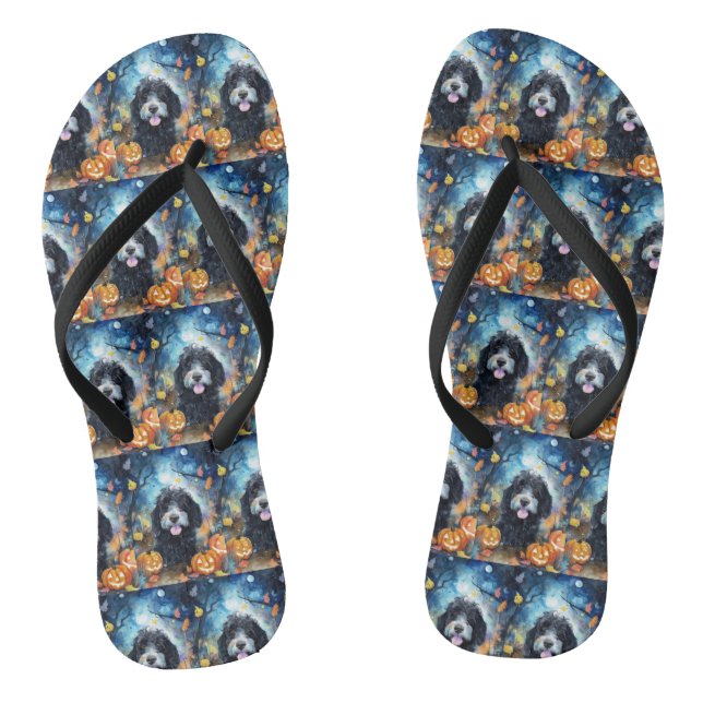 Halloween Bernedoodle With Pumpkins Scary Flip Flops (Footbed)
