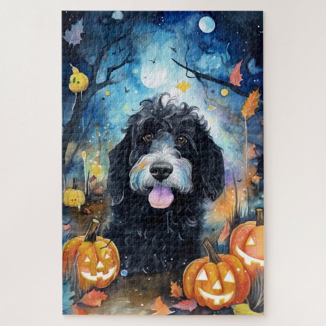 Halloween Bernedoodle With Pumpkins Scary Jigsaw Puzzle (Vertical)
