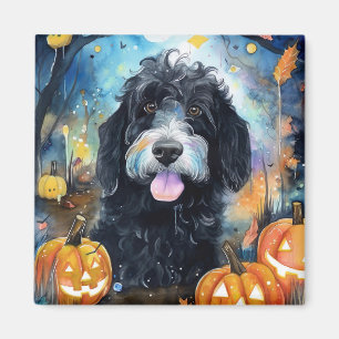 Halloween Bernedoodle With Pumpkins Scary Magnet