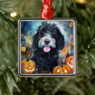 Halloween Bernedoodle With Pumpkins Scary Metal Tree Decoration