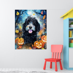 Halloween Bernedoodle With Pumpkins Scary Poster
