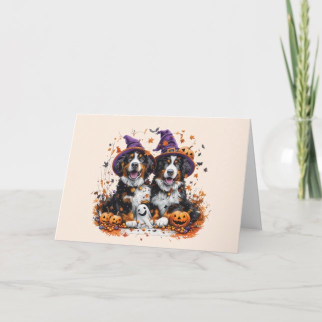 Halloween Bernese Mountain Dogs Witch Ghost Holiday Card (Front)