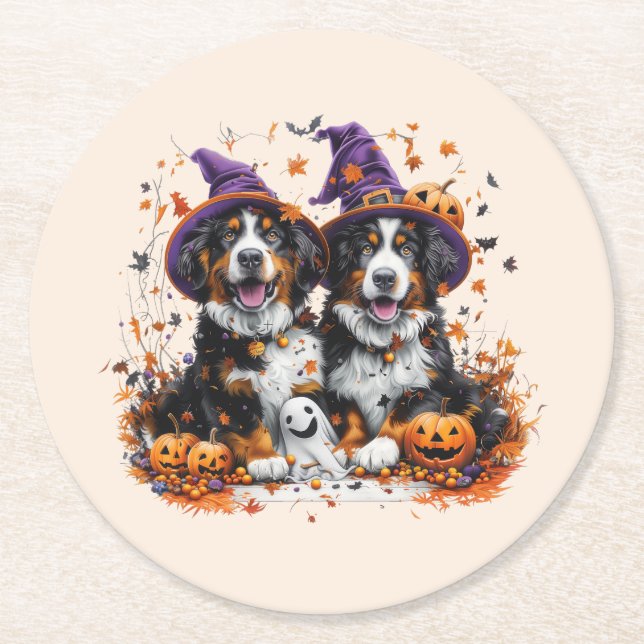 Halloween Bernese Mountain Dogs Witch Ghost Round Paper Coaster (Front)