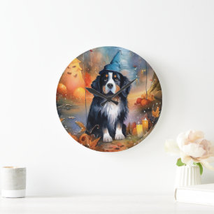 Halloween Bernese Mountain With Pumpkins Scary Large Clock