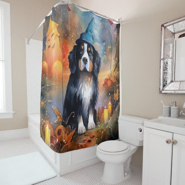 Halloween Bernese Mountain With Pumpkins Scary Shower Curtain (In Situ)