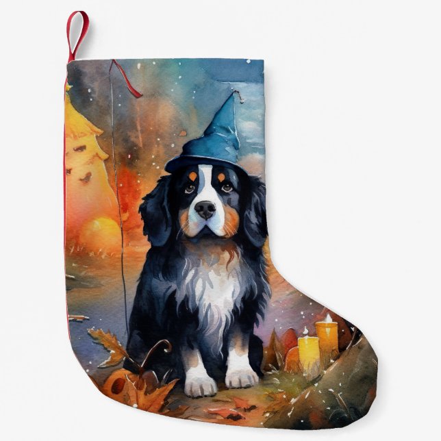 Halloween Bernese Mountain With Pumpkins Scary Small Christmas Stocking (Front)
