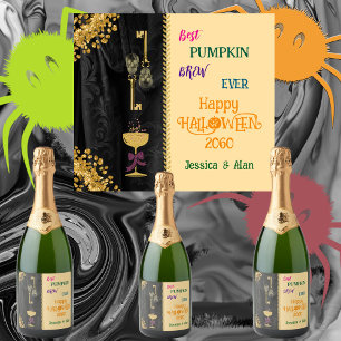 Halloween Best Brew & Gold Glitter Skulls Sparkling Wine Label