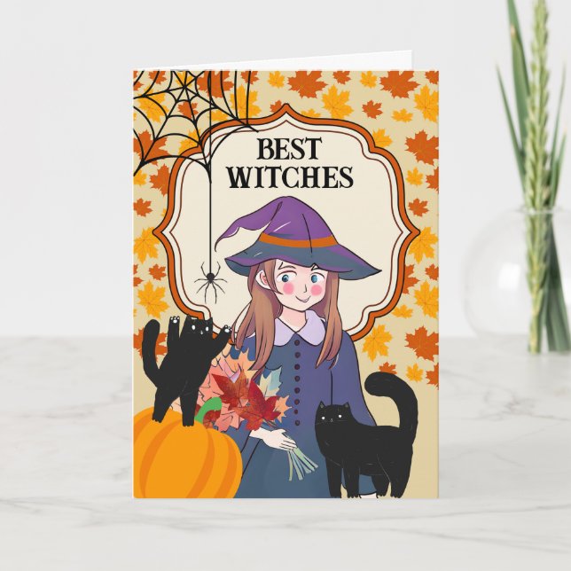 Halloween Best Witches with Cats and Spider Card (Front)