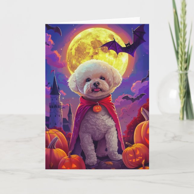 Halloween Bichon Frise Dog Pumpkins Scary  Card (Front)