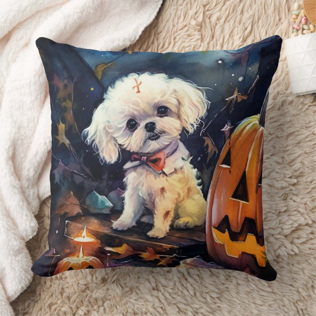 Halloween Bichon Frise With Pumpkins Scary  Cushion (Blanket)