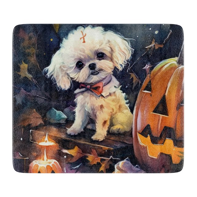 Halloween Bichon Frise With Pumpkins Scary Cutting Board (Front)