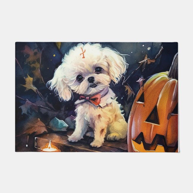 Halloween Bichon Frise With Pumpkins Scary Doormat (Front)