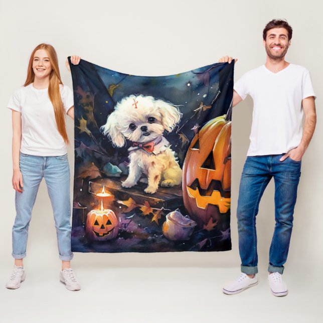 Halloween Bichon Frise With Pumpkins Scary Fleece Blanket (In Situ)
